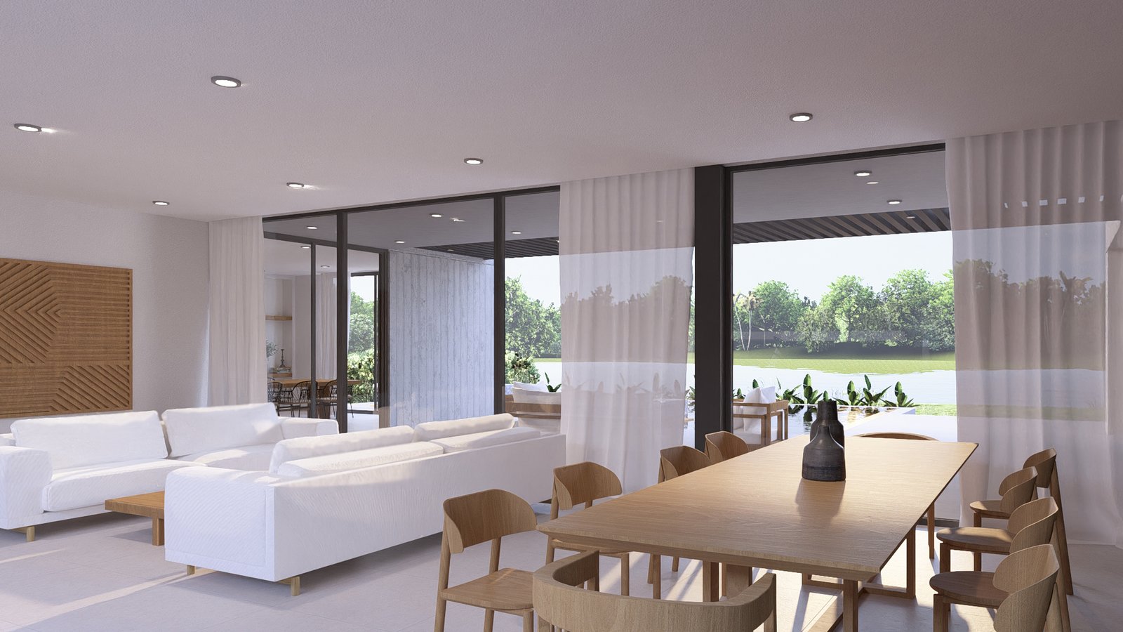 Living comedor moderno con vista al mar y muebles blancos — proyecto Casa BF, por Hermann Arquitectos, en Nordelta